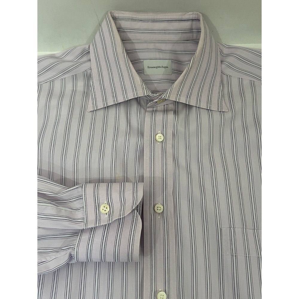 Ermenegildo  Zegna Cotton Purple Stripe‎ Shirt Spread Collar Sz 16.5 Made Italy